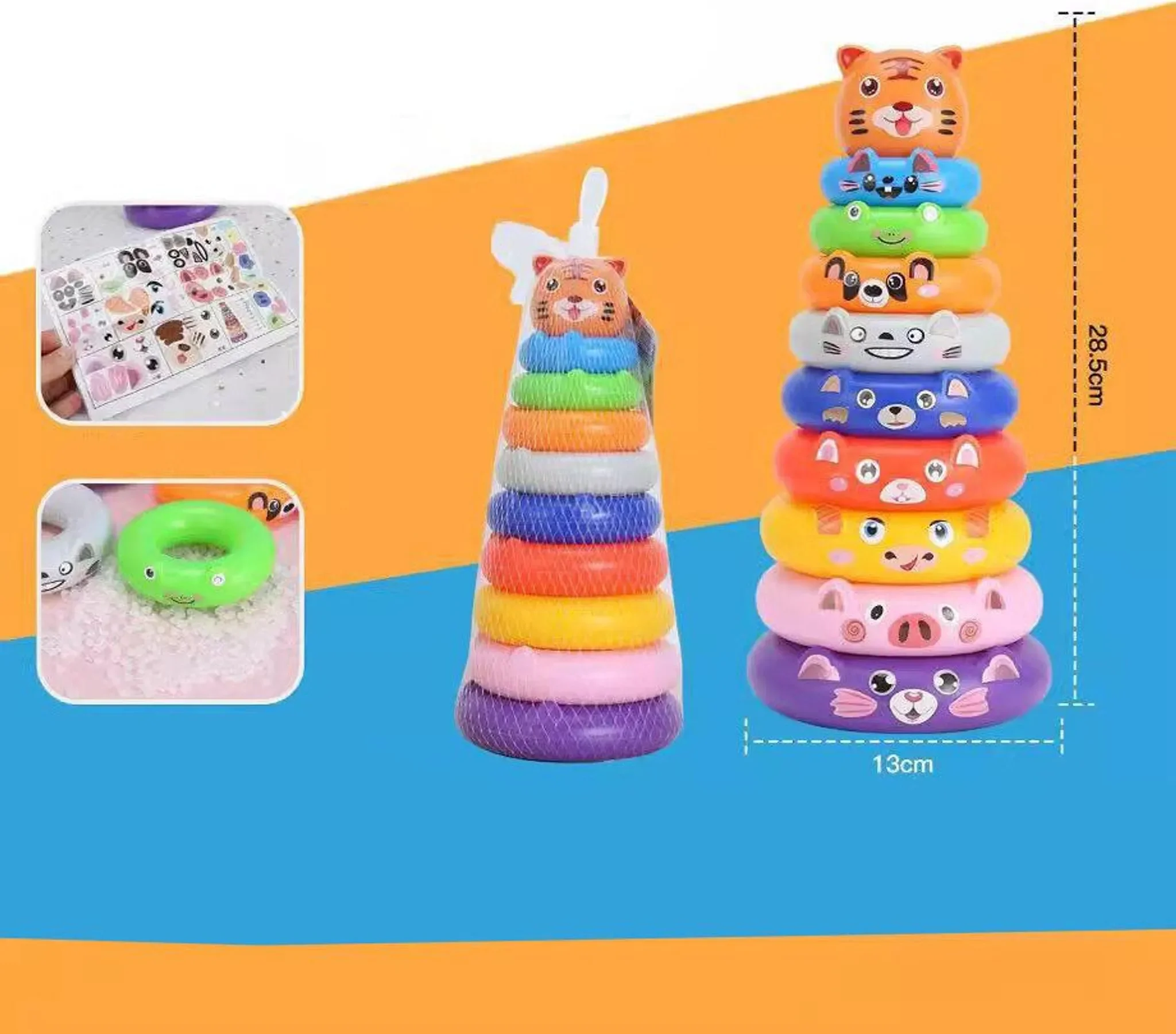 Räderpyramide mit Tieraufklebern – Tiger, bunt